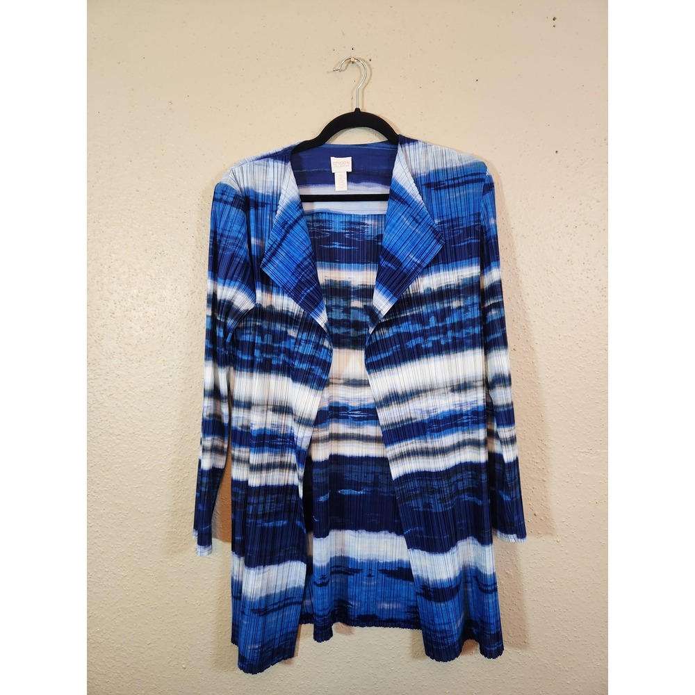 Chico's Womens 2 / L Blue White Abstract Stripe Pleated Open Front Cardigan